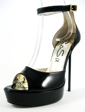 Stiletto platform open-toe anklestrap D'Orsay shoe with black patent leather upper, leather lining and leather sole, made in Italy exclusively for RoSa Shoes